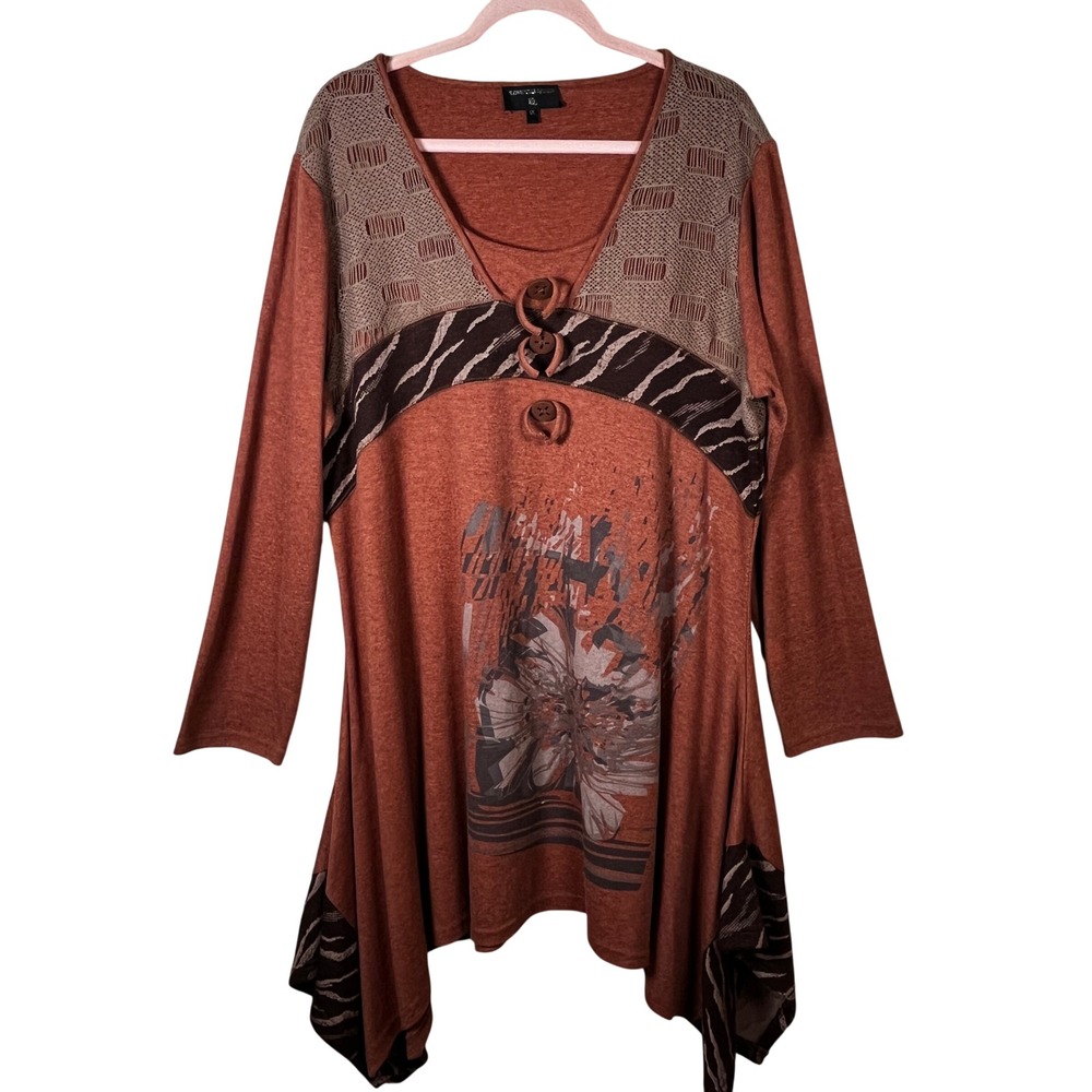 Love The Queen Sharkbite Tunic Dress 1X Rust Orange Mixed Media Grunge Lagenlook